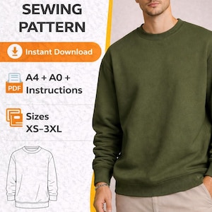 May include: A digital PDF sewing pattern for a sweatshirt, available for instant download. Includes A4 and A0 instructions, and sizes XS-3XL. The image shows a man wearing a green sweatshirt.