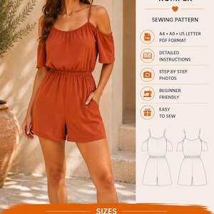 May include: A PDF sewing pattern for a cold shoulder romper. The document includes text for sizes S, M, L, and XL, and specifies A4, A0, and US letter formats. It features detailed instructions, step-by-step photos, and a line drawing of the garment.