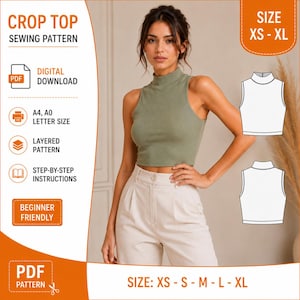 May include: A digital sewing pattern for a sleeveless crop top with a mock neck. The design includes a PDF download, A4, A0, and letter size options, layered patterns, and step-by-step instructions. The pattern is available in sizes XS to XL.