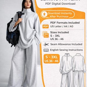 Może przedstawiać: Jasnoszary, obszerny wzór wykroju na dres. Wzór zawiera rozmiary S-3XL, US 36-46 i jest dostępny jako cyfrowe pobranie PDF. Na zdjęciu kobieta w dresie. Zawiera instrukcje szycia w języku angielskim.