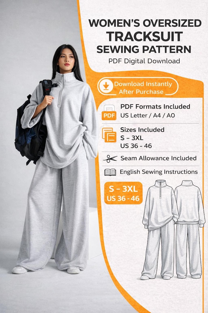 May include: A light gray oversized tracksuit sewing pattern. The pattern includes sizes S-3XL, US sizes 36-46, and is available as a PDF digital download. The image shows a woman wearing the tracksuit. The pattern includes English sewing instructions.
