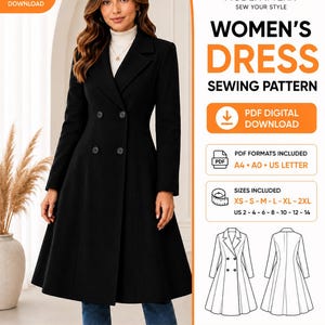 Women’s Coat Dress Sewing Pattern PDF, Double Breasted Long Blazer Pattern, Elegant Jacket Dress, XS-2XL, A4 A0 US Letter
