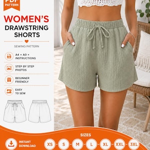 May include: A digital sewing pattern for drawstring shorts, featuring sage green textured shorts with an elastic waistband and tie closure. The graphic includes text: PDF PATTERN, WOMEN'S DRAWSTRING SHORTS, SEWING PATTERN, A4 + A0 + INSTRUCTIONS, STEP BY STEP PHOTOS, BEGINNER FRIENDLY, EASY TO SEW, INSTANT DOWNLOAD, and size circles from XS to 3XL.