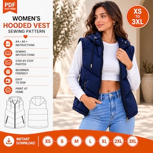Puede incluir: Un patrón de costura digital para un chaleco con capucha, que muestra un chaleco acolchado azul marino con cremallera frontal, capucha con cordones y bolsillos laterales. Incluye instrucciones, fotos paso a paso y tallas de XS a 3XL.