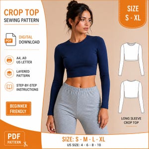 Può includere: Un cartamodello digitale per un top corto a maniche lunghe. L'immagine mostra testo tra cui CROP TOP SEWING PATTERN, DIGITAL DOWNLOAD, BEGINNER FRIENDLY e SIZE S-XL. Presenta un top corto blu navy e leggings grigi.