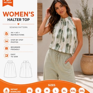 May include: A digital sewing pattern for a halter top featuring a white and green abstract brushstroke print. The graphic includes text: PDF PATTERN, WOMEN'S HALTER TOP, SEWING PATTERN, A4 + A0 + INSTRUCTIONS, STEP BY STEP PHOTOS, BEGINNER FRIENDLY, EASY TO SEW, INSTANT DOWNLOAD, SIZES XS-3XL.