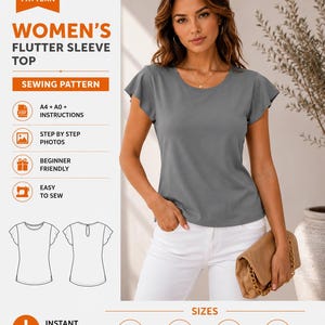 Op de afbeelding: Een digitaal PDF-naaipatroon voor een top met vlindermouwen. De afbeelding toont de tekst PDF PATTERN, WOMEN'S FLUTTER SLEEVE TOP, SEWING PATTERN, A4 + A0 + INSTRUCTIONS, STEP BY STEP PHOTOS, BEGINNER FRIENDLY, EASY TO SEW en INSTANT DOWNLOAD.