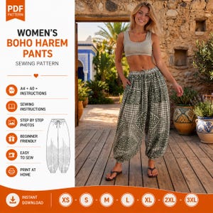 May include: A digital sewing pattern for harem pants, featuring a graphic of the pants with a green and white checkered pattern and intricate knotwork designs. The text reads WOMEN'S BOHO HAREM PANTS SEWING PATTERN, A4 + A0 + INSTRUCTIONS, and INSTANT DOWNLOAD.