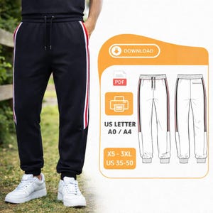 May include: Black sweatpants with red and white side stripes. The pants have a drawstring waist and cuffed ankles. The image also includes a diagram of the pants and a graphic with the text "DOWNLOAD", "PDF", "US LETTER A0/A4", and "XS - 3XL US 35-50".