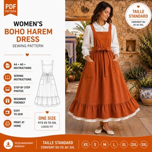 May include: A digital PDF sewing pattern for a pinafore-style dress featuring a rust-coloured apron with a tie waist and two pockets, worn over a white long-sleeved blouse. The graphic includes technical line drawings and text labels.