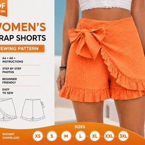Może przedstawiać: Cyfrowy wykroj krawiecki na szorty kopertowe z tekstem PDF PATTERN, WOMEN'S WRAP SHORTS, SEWING PATTERN, A4 + A0 + INSTRUCTIONS, STEP BY STEP PHOTOS, BEGINNER FRIENDLY, EASY TO SEW, INSTANT DOWNLOAD oraz SIZES XS do 3XL.