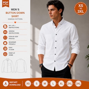 May include: A digital PDF sewing pattern for a button-down shirt, featuring a white long-sleeve shirt with a chest pocket and dark buttons. The graphic includes text, size range XS to 3XL, technical illustrations, and icons for instructions.