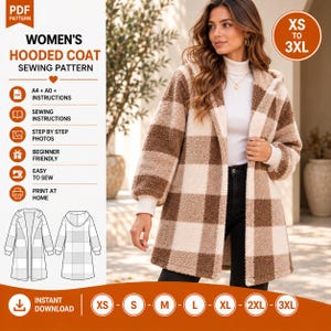 Pode incluir: Um molde de costura digital para um casaco com capuz com um grande padrão xadrez castanho e creme. O documento inclui texto como PDF PATTERN, WOMEN'S HOODED COAT SEWING PATTERN, A4 + A0 + INSTRUCTIONS e a gama de tamanhos XS a 3XL.
