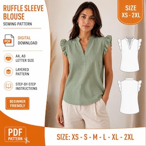May include: A digital sewing pattern for a ruffle sleeve blouse. The image displays a sage green blouse with a V-neckline and ruffled sleeves. Text includes Ruffle Sleeve Blouse, Sewing Pattern, Digital Download, A4, A0, Letter Size, Layered Pattern, Step-by-Step Instructions, Beginner Friendly, and Size XS-2XL.