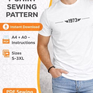 May include: White t-shirt with the text "1973" and a black bracelet. The image also includes text that says "MEN'S T-SHIRT SEWING PATTERN", "Instant Download", "A4 + A0 - Instructions", and "Sizes S-3XL".