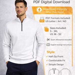Könnte beinhalten: Weißes Half-Zip-Sweatshirt PDF-Digital-Download. Das Bild zeigt einen Mann in einem weißen Sweatshirt mit schwarzem Reißverschluss und Besatz. Der Text enthält "Half-Zip Front" und "Comfortable Fit". Größen sind S-3XL und US 36-52.