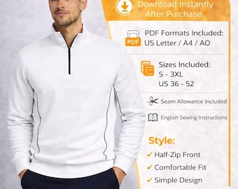 Mens Half Zip Sweatshirt Sewing Pattern PDF, Quarter Zip Pullover Pattern, Men Hoodie Digital Download, S-3XL, A4 A0 US Letter