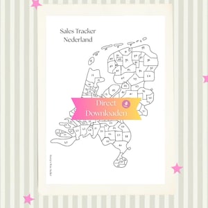 May include: A black and white map of the Netherlands with numbered regions, labeled "Sales Tracker Nederland." A pink and yellow banner reads "Direct Downloaden." The image is on a white background with a striped pattern.