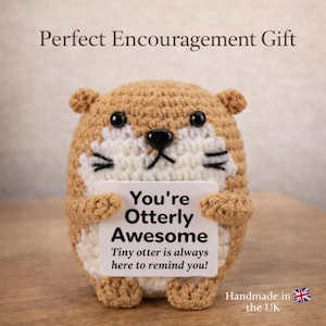 Bevestiging pluche kleine gehaakte otter • Aanmoedigingscadeau • Schattig bureaudecor • Zakherinnering knuffel • Handgemaakt Brits cadeau • Moederdagcadeau