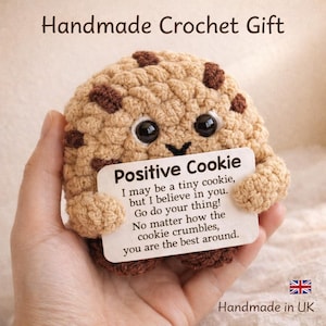 Peut inclure: Un biscuit au crochet fait à la main avec des détails de pépites de chocolat, tenant une pancarte avec l'inscription "Positive Cookie". Le biscuit a des yeux en boutons noirs et une bouche souriante. Le texte encourage la confiance en soi.