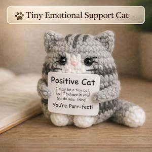 Positive Cat Crochet Plush – Cat Lover Gift, Motivational Desk Decor, Small Handmade Cat Gift for Her