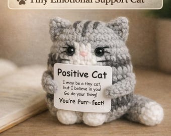 Positive Cat Crochet Plush – Cat Lover Gift, Motivational Desk Decor, Small Handmade Cat Gift for Her