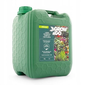 May include: A green plastic container with a handle and a screw-on cap. The label reads "GROW & GO" and "LIQUID NUTRIENTS COMPLEX FOR PLANTS." It also states "100% NATURAL" and "10L." The container is designed for watering and spraying plants.