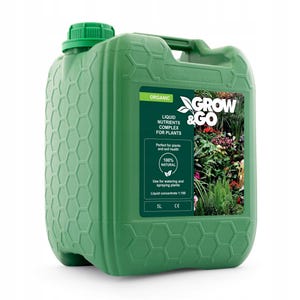 May include: A green plastic container of Grow & Go liquid nutrients for plants. The container has a green cap and a label with the text "Organic", "Liquid Nutrients Complex for Plants", and "100% Natural". The container holds 5L.