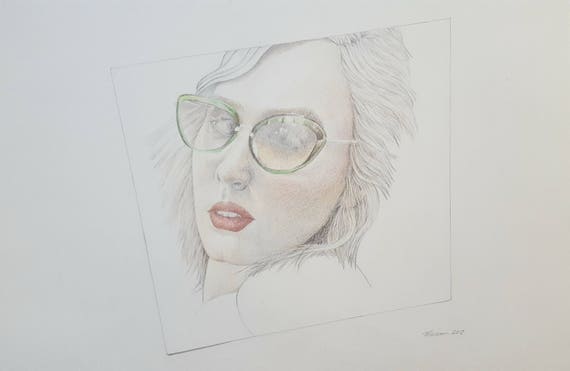 Original Colored Pencil Figure Drawing Green Glasses By Artist Lori Markman Portrait 14 14 Inches X 22 Inches