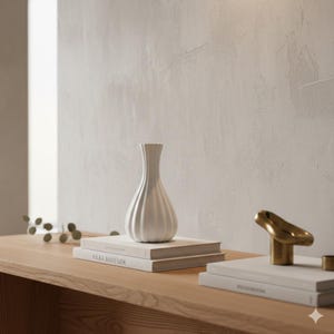 Puede incluir: Un jarrón de cerámica blanco y acanalado con cuello estrecho se encuentra sobre dos libros en una superficie de madera. Un objeto decorativo dorado y un pequeño recipiente redondo también están en la superficie. El fondo es una pared de color claro.