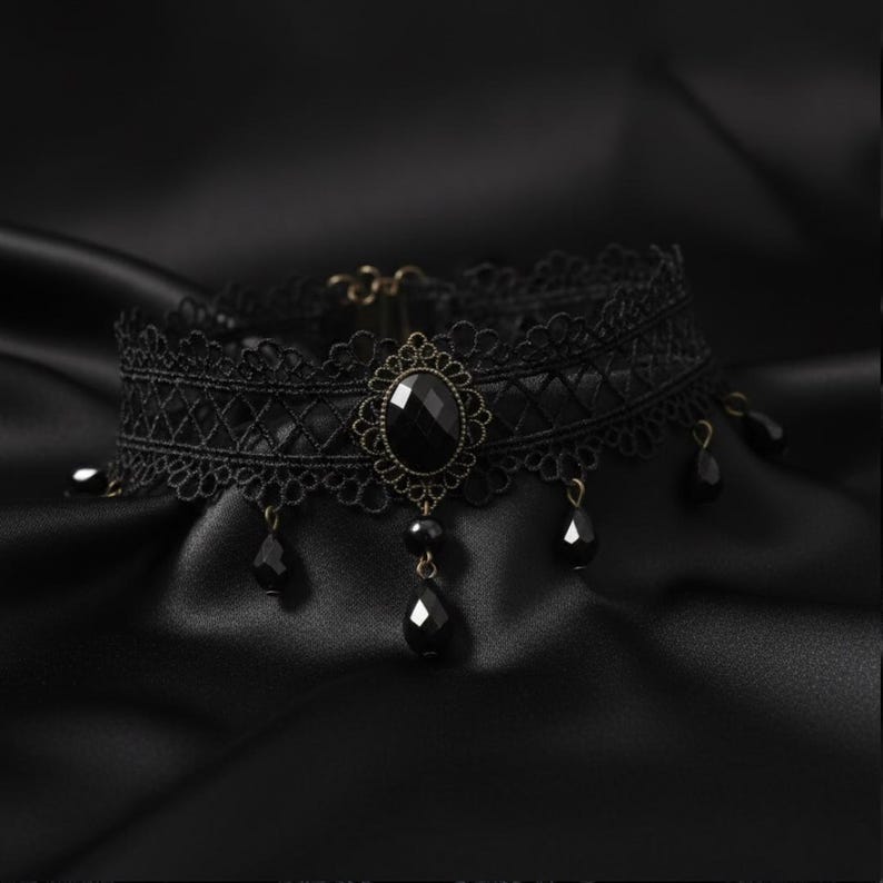 Gothic Black Lace Choker – Victorian Gemstone Pendant, Dark Romance - Etsy
