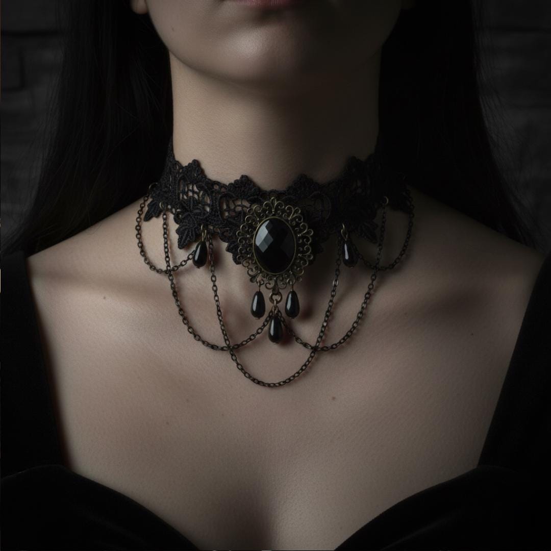 Victorian Lace Choker – Gothic Black Gemstone Pendant Necklace - Etsy