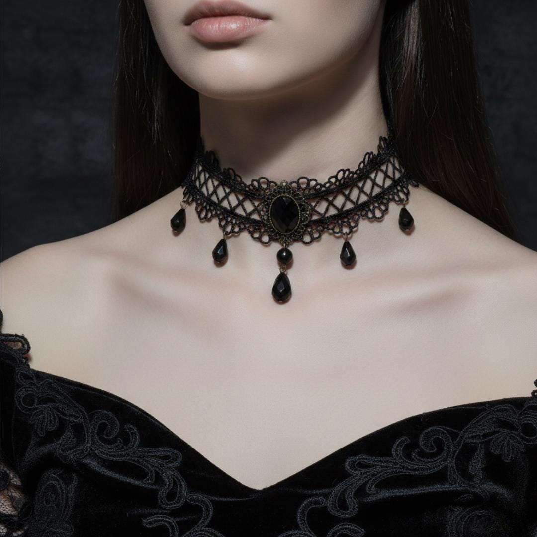 Gothic Black Lace Choker – Victorian Gemstone Pendant, Dark Romance - Etsy