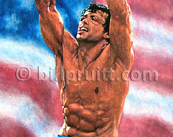 May include: A painting of a boxer with his arms raised in victory, wearing red boxing gloves and red, white, and blue shorts. The boxer is standing in front of an American flag.