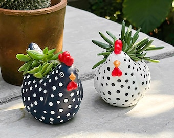 Spotted Chicken Resin Planters, Weatherproof Hen Succulent Pots for Garden & Home, Polka Dot Farmhouse Decor, Housewarming Gift