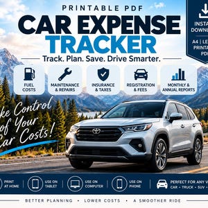 Peut inclure: Un suivi des dépenses automobiles en PDF imprimable montrant un SUV argenté sur une route de montagne. Le texte indique Car Expense Tracker, Track. Plan. Save. Drive Smarter. et Take Control of Your Car Costs! avec des icônes de suivi.