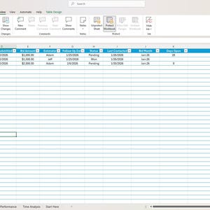 Pode incluir: Captura de tela de uma planilha do Microsoft Excel com um esquema de cores azul e branco. A planilha contém colunas para cliente, projeto, lance, data, valor do lance e status. A faixa superior mostra várias opções de edição e formatação.