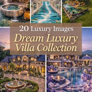 May include: A collage of luxury villas and mansions. The image features a variety of architectural styles, including homes with pools, waterfalls, and grand staircases. Text on the image reads "20 Luxury Images Dream Luxury Villa Collection" and "Amazing Bucketlist."