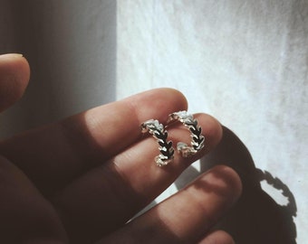 Tiny silver leaves hoops studs earrings