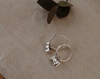 Bow hoops, little sterling silver bows, tiny hoops, bridesmaid jewelry