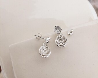 rose flower dangle earrings sterling silver, romantic floral earrings.