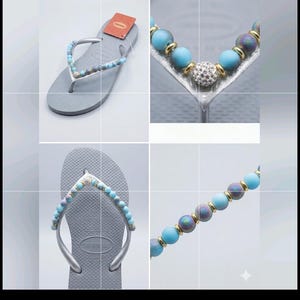 May include: Gray flip-flops with beaded embellishments in shades of blue, purple, and silver. The flip-flops have a silver strap and a tag attached. A close-up shows a beaded bracelet with blue and purple beads.