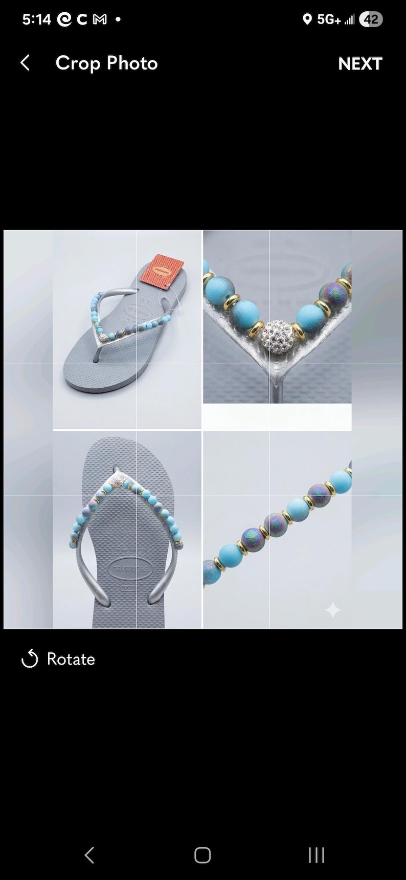 May include: Gray flip-flops with beaded embellishments in shades of blue, purple, and silver. The flip-flops have a silver strap and a tag attached. A close-up shows a beaded bracelet with blue and purple beads.