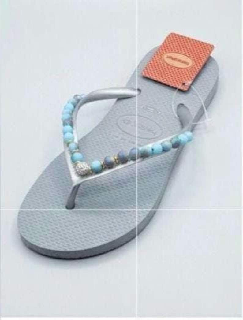 Havaianas Silver flip flops w blue beading size 6 W image 2