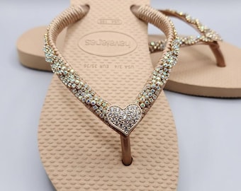 Havaianas roséguldfärgade flio-flops med kristallhjärta