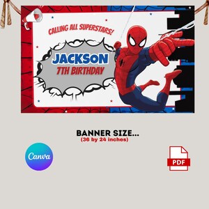 Op de afbeelding: Een banner met een Spider-Man-illustratie, met de tekst "CALLING ALL SUPERSTARS!" en "JACKSON 7TH BIRTHDAY." De banner is 91,4 x 61 cm groot, met een rood-blauw kleurenschema.
