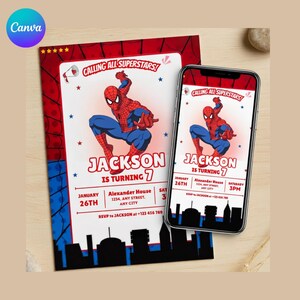 Op de afbeelding: Een verjaardagsuitnodiging met Spider-Man. De uitnodiging bevat de tekst "Calling All Superstars!" en "Jackson wordt 7." Het ontwerp is rood, blauw en wit, met een silhouet van een stadsgezicht aan de onderkant. Een smartphone toont dezelfde uitnodiging.