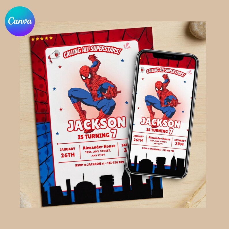 Op de afbeelding: Een verjaardagsuitnodiging met Spider-Man. De uitnodiging bevat de tekst "Calling All Superstars!" en "Jackson wordt 7." Het ontwerp is rood, blauw en wit, met een silhouet van een stadsgezicht aan de onderkant. Een smartphone toont dezelfde uitnodiging.