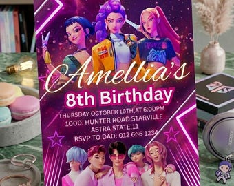 Verjaardagsuitnodiging K-pop demonenjagers: bewerkbare canvasjabloon (digitale download)