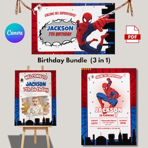 Op de afbeelding: Een verjaardagsbundel met Spider-Man-afbeeldingen. De bundel bevat drie items: een groot poster met de tekst "Calling All Superstars!" en "Jackson 7th Birthday", een welkomstbord met een foto en een uitnodiging.